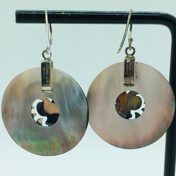 Abalone Shell Earrings Sterling Silver Etched Dangle Pierced Merav Mexico 925 - Picture 4 of 9